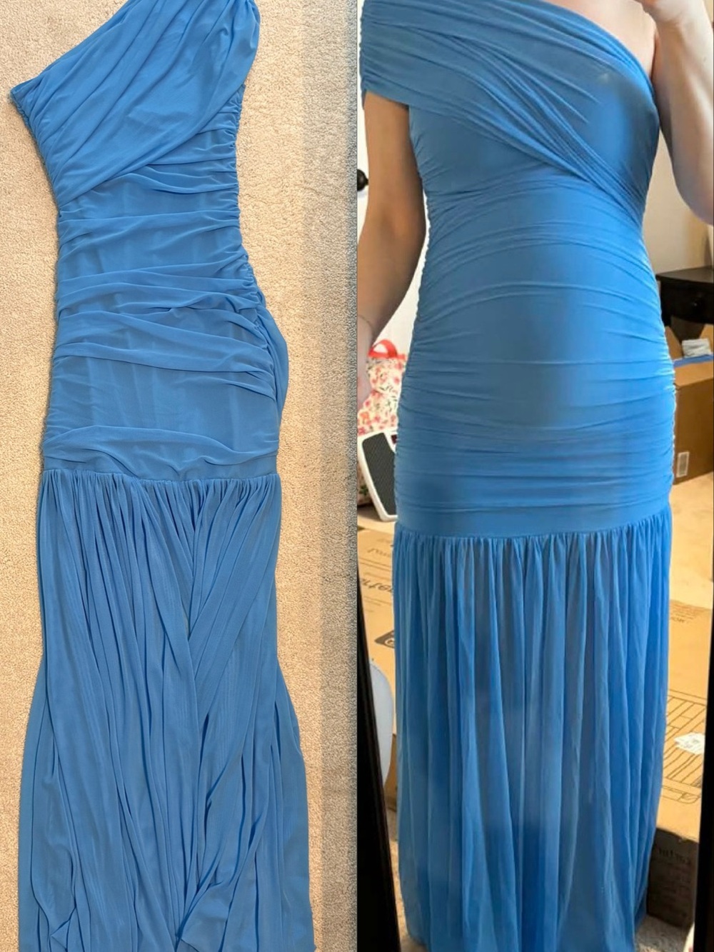 Blue One-Shoulder Ruched Maxi Dress